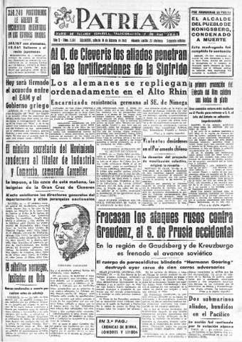 'Patria  : diario de Falange Española Tradicionalista y de las J.O.N.S.' - Año X Número 2561 2ª ed. - 1945 Febrero 10