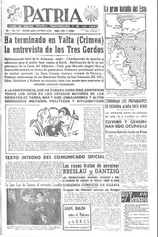 'Patria  : diario de Falange Española Tradicionalista y de las J.O.N.S.' - Año X Número 2563  - 1945 Febrero 13