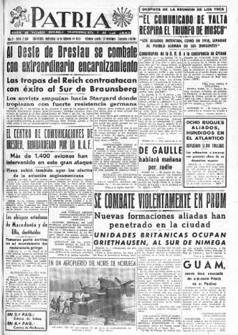 'Patria  : diario de Falange Española Tradicionalista y de las J.O.N.S.' - Año X Número 2564 2ª ed. - 1945 Febrero 14