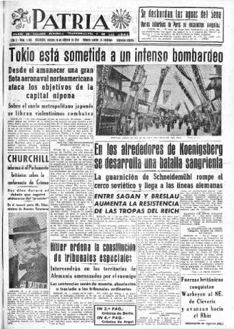 'Patria  : diario de Falange Española Tradicionalista y de las J.O.N.S.' - Año X Número 2566 2ª ed. - 1945 Febrero 16