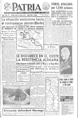 'Patria  : diario de Falange Española Tradicionalista y de las J.O.N.S.' - Año X Número 2567  - 1945 Febrero 17