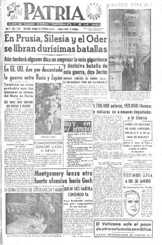 'Patria  : diario de Falange Española Tradicionalista y de las J.O.N.S.' - Año X Número 2568  - 1945 Febrero 18