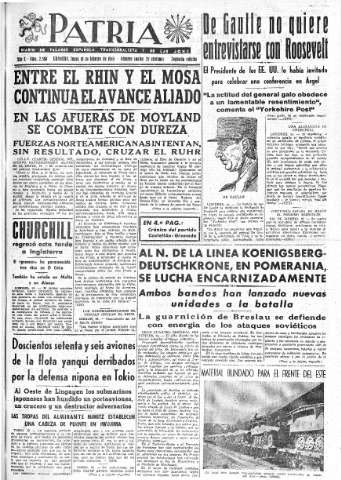 'Patria  : diario de Falange Española Tradicionalista y de las J.O.N.S.' - Año X Número 2568 2ª ed. - 1945 Febrero 19