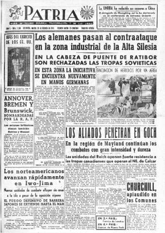 'Patria  : diario de Falange Española Tradicionalista y de las J.O.N.S.' - Año X Número 2568 2ª ed. - 1945 Febrero 20