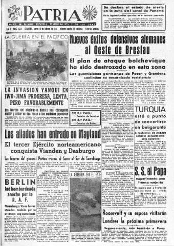 'Patria  : diario de Falange Española Tradicionalista y de las J.O.N.S.' - Año X Número 2570 2ª ed. - 1945 Febrero 22