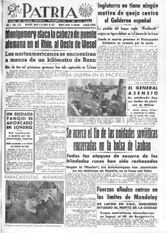 'Patria  : diario de Falange Española Tradicionalista y de las J.O.N.S.' - Año X Número 2572 2ª ed. - 1945 Marzo 08