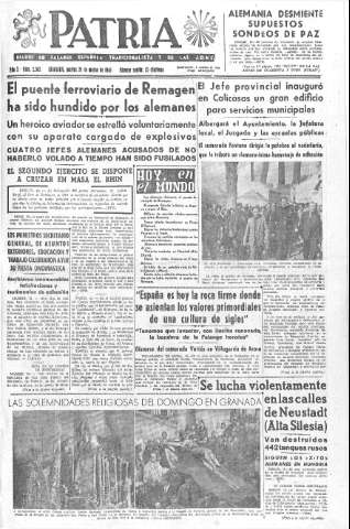 'Patria  : diario de Falange Española Tradicionalista y de las J.O.N.S.' - Año X Número 2582  - 1945 Marzo 20