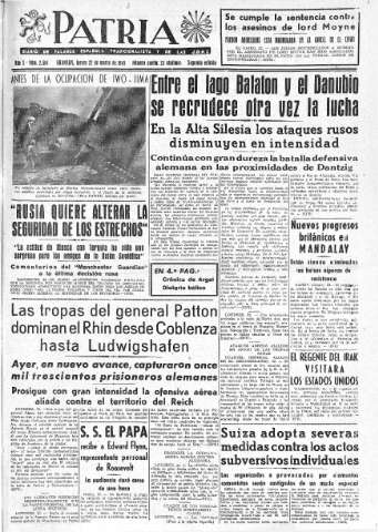 'Patria  : diario de Falange Española Tradicionalista y de las J.O.N.S.' - Año X Número 2584 2ª ed. - 1945 Marzo 22