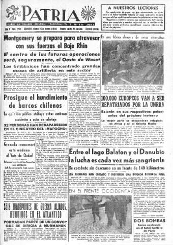 'Patria  : diario de Falange Española Tradicionalista y de las J.O.N.S.' - Año X Número 2585 2ª ed. - 1945 Marzo 23