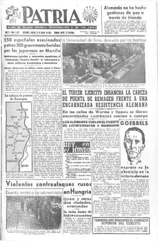 'Patria  : diario de Falange Española Tradicionalista y de las J.O.N.S.' - Año X Número 2585  - 1945 Marzo 23