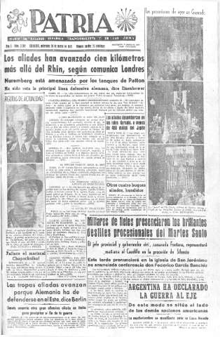 'Patria  : diario de Falange Española Tradicionalista y de las J.O.N.S.' - Año X Número 2589  - 1945 Marzo 28
