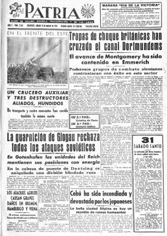 'Patria  : diario de Falange Española Tradicionalista y de las J.O.N.S.' - Año X Número 2591 2ª ed. - 1945 Marzo 31
