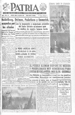 'Patria  : diario de Falange Española Tradicionalista y de las J.O.N.S.' - Año X Número 2591  - 1945 Marzo 31