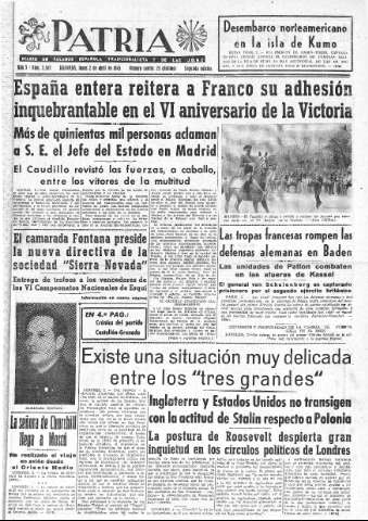 'Patria  : diario de Falange Española Tradicionalista y de las J.O.N.S.' - Año X Número 2592 2ª ed. - 1945 Abril 02