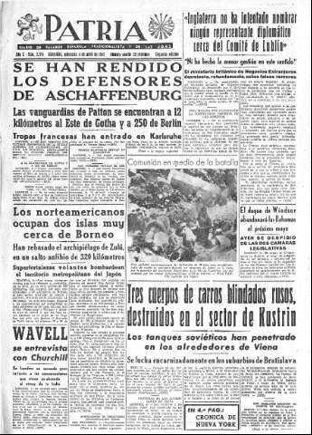 'Patria  : diario de Falange Española Tradicionalista y de las J.O.N.S.' - Año X Número 2594 2ª ed. - 1945 Abril 04