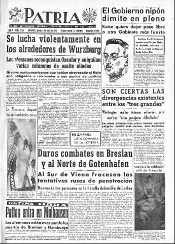 'Patria  : diario de Falange Española Tradicionalista y de las J.O.N.S.' - Año X Número 2595 2ª ed. - 1945 Abril 05