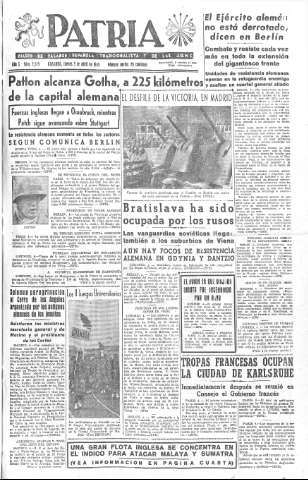 'Patria  : diario de Falange Española Tradicionalista y de las J.O.N.S.' - Año X Número 2595  - 1945 Abril 05