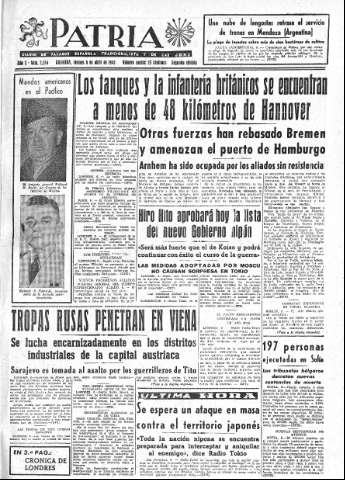 'Patria  : diario de Falange Española Tradicionalista y de las J.O.N.S.' - Año X Número 2596 2ª ed. - 1945 Abril 06