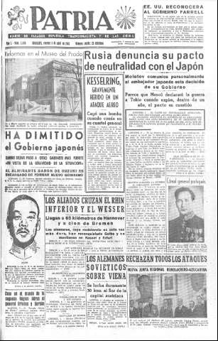 'Patria  : diario de Falange Española Tradicionalista y de las J.O.N.S.' - Año X Número 2596  - 1945 Abril 06