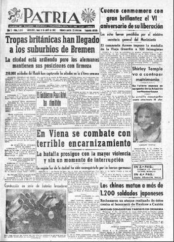 'Patria  : diario de Falange Española Tradicionalista y de las J.O.N.S.' - Año X Número 2598 2ª ed. - 1945 Abril 09