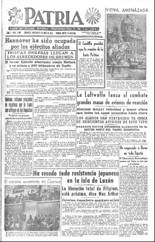'Patria  : diario de Falange Española Tradicionalista y de las J.O.N.S.' - Año X Número 2600  - 1945 Abril 11