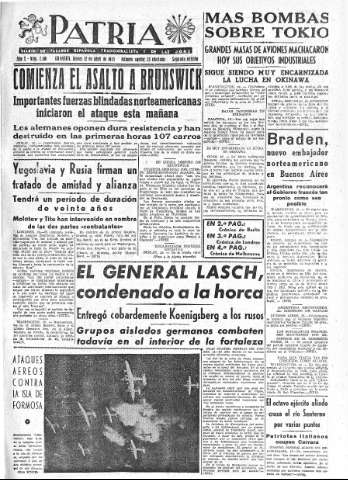 'Patria  : diario de Falange Española Tradicionalista y de las J.O.N.S.' - Año X Número 2601 2ª ed. - 1945 Abril 12