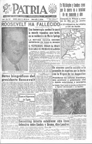 'Patria  : diario de Falange Española Tradicionalista y de las J.O.N.S.' - Año X Número 2602  - 1945 Abril 13