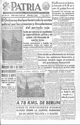 'Patria  : diario de Falange Española Tradicionalista y de las J.O.N.S.' - Año X Número 2603  - 1945 Abril 14