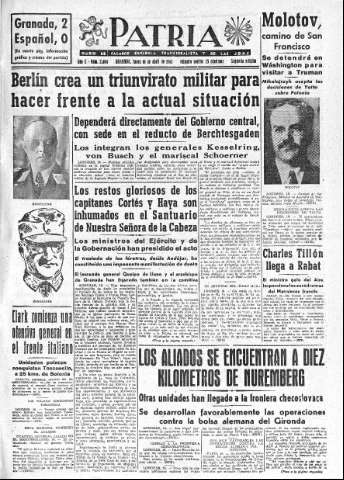 'Patria  : diario de Falange Española Tradicionalista y de las J.O.N.S.' - Año X Número 2604 2ª ed. - 1945 Abril 16