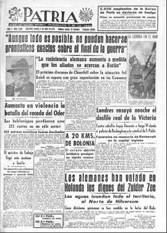 'Patria  : diario de Falange Española Tradicionalista y de las J.O.N.S.' - Año X Número 2605 2ª ed. - 1945 Abril 17