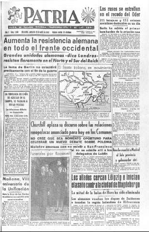 'Patria  : diario de Falange Española Tradicionalista y de las J.O.N.S.' - Año X Número 2606  - 1945 Abril 18