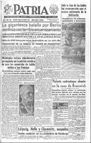 'Patria  : diario de Falange Española Tradicionalista y de las J.O.N.S.' - Año X Número 2608  - 1945 Abril 20