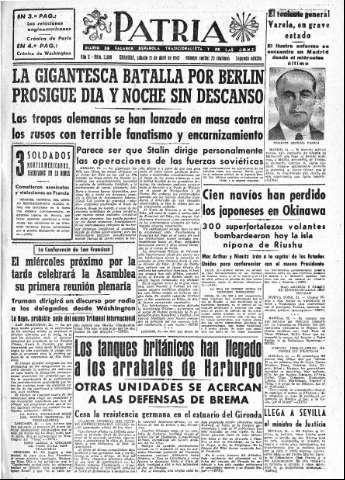 'Patria  : diario de Falange Española Tradicionalista y de las J.O.N.S.' - Año X Número 2609 2ª ed. - 1945 Abril 21