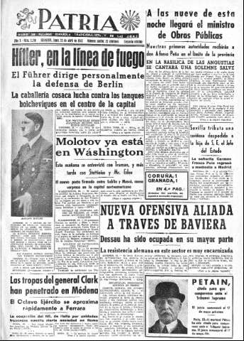 'Patria  : diario de Falange Española Tradicionalista y de las J.O.N.S.' - Año X Número 2610 2ª ed. - 1945 Abril 23