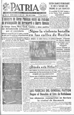 'Patria  : diario de Falange Española Tradicionalista y de las J.O.N.S.' - Año X Número 2612  - 1945 Abril 25