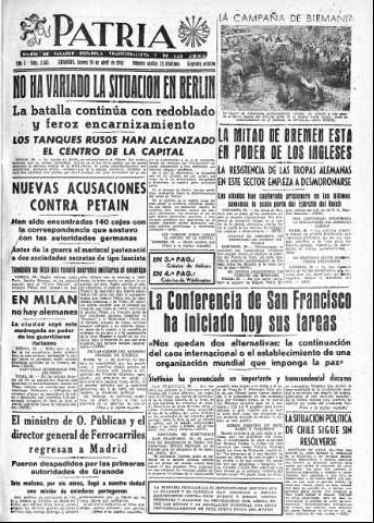 'Patria  : diario de Falange Española Tradicionalista y de las J.O.N.S.' - Año X Número 2613 2ª ed. - 1945 Abril 26