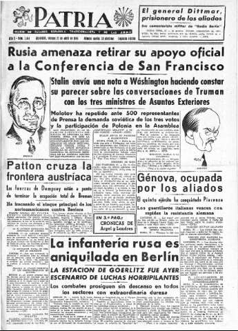 'Patria  : diario de Falange Española Tradicionalista y de las J.O.N.S.' - Año X Número 2614 2ª ed. - 1945 Abril 27