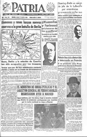 'Patria  : diario de Falange Española Tradicionalista y de las J.O.N.S.' - Año X Número 2614  - 1945 Abril 27