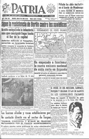 'Patria  : diario de Falange Española Tradicionalista y de las J.O.N.S.' - Año X Número 2615  - 1945 Abril 28