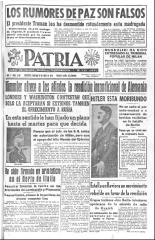 'Patria  : diario de Falange Española Tradicionalista y de las J.O.N.S.' - Año X Número 2616  - 1945 Abril 29
