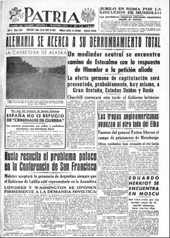 'Patria  : diario de Falange Española Tradicionalista y de las J.O.N.S.' - Año X Número 2616 2ª ed. - 1945 Abril 30