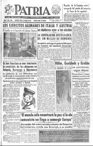 'Patria  : diario de Falange Española Tradicionalista y de las J.O.N.S.' - Año X Número 2619  - 1945 Mayo 03