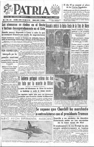 'Patria  : diario de Falange Española Tradicionalista y de las J.O.N.S.' - Año X Número 2620  - 1945 Mayo 04