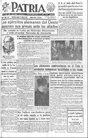 'Patria  : diario de Falange Española Tradicionalista y de las J.O.N.S.' - Año X Número 2621  - 1945 Mayo 05