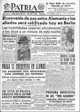 'Patria  : diario de Falange Española Tradicionalista y de las J.O.N.S.' - Año X Número 2623 2ª ed. - 1945 Mayo 08