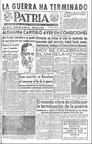 'Patria  : diario de Falange Española Tradicionalista y de las J.O.N.S.' - Año X Número 2623  - 1945 Mayo 08