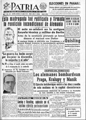 'Patria  : diario de Falange Española Tradicionalista y de las J.O.N.S.' - Año X Número 2624 2ª ed. - 1945 Mayo 09