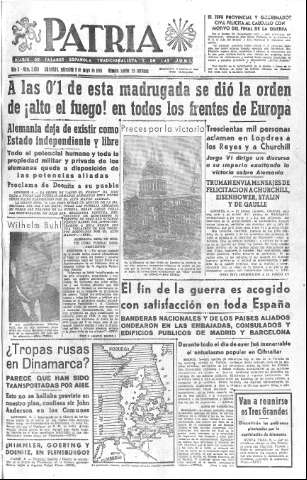 'Patria  : diario de Falange Española Tradicionalista y de las J.O.N.S.' - Año X Número 2624  - 1945 Mayo 09