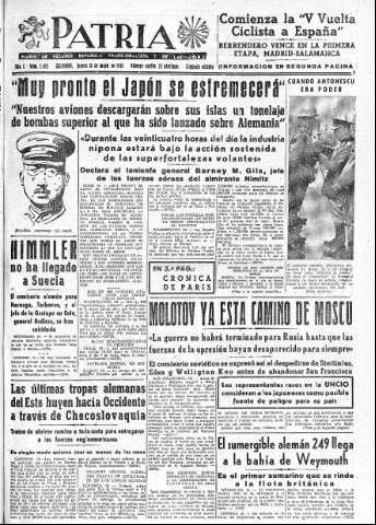 'Patria  : diario de Falange Española Tradicionalista y de las J.O.N.S.' - Año X Número 2625 2ª ed. - 1945 Mayo 10