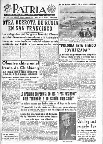 'Patria  : diario de Falange Española Tradicionalista y de las J.O.N.S.' - Año X Número 2626 2ª ed. - 1945 Mayo 11